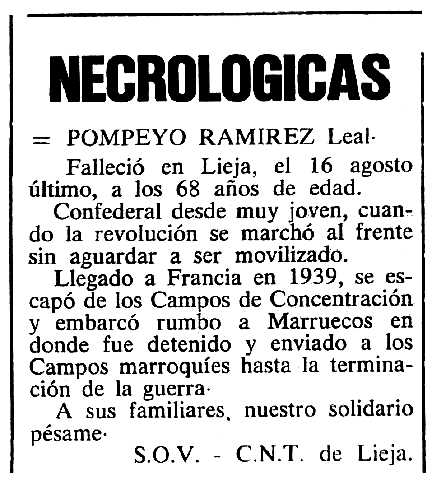 Necrològica de Pompeyo Ramírez Leal apareguda en el periòdic tolosà "Cenit" de l'11 de desembre de 1984