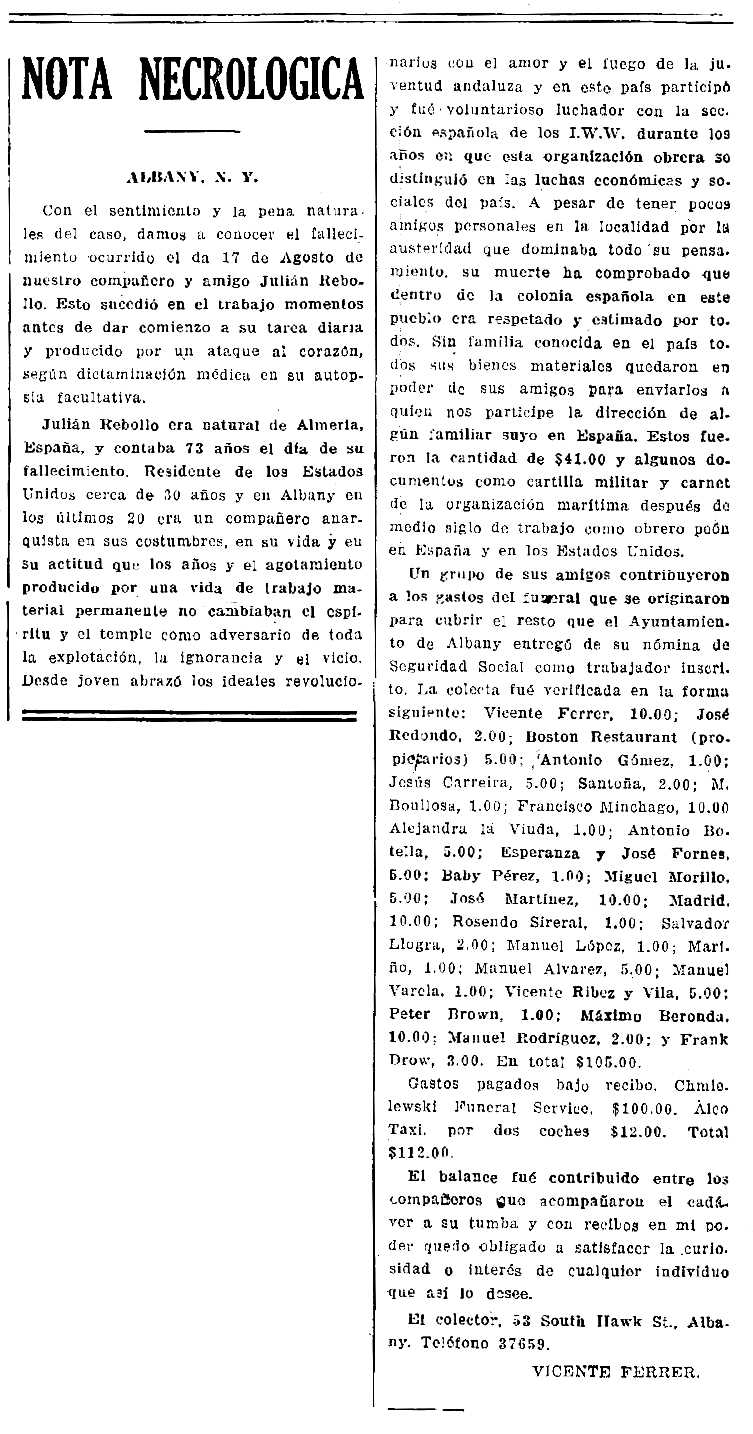 Necrològica de Julián Rebollo apareguda en el periòdic novaiorquès "Cultura Proletaria" del 21 de setembre de 1946
