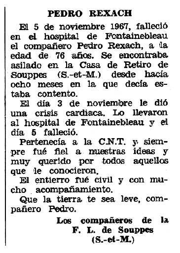 Necrol&ograve;gica de Pere Rexach Paramon apareguda en el peri&ograve;dic tolos&agrave; "Espoir" del 14 d'abril de 1968