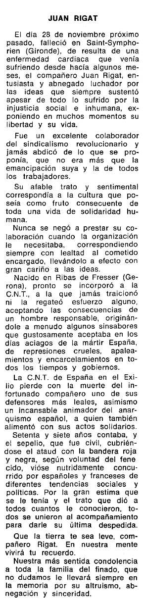 Necrol&ograve;gica de Joan Rigat Vila apareguda en el peri&ograve;dic tolos&agrave; "Espoir" del 30 de gener de 1972