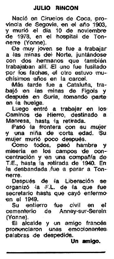 Necrològica de Julio Rincón Gómez apareguda en el periòdic tolosà "Espoir" de l'1 de maig de 1979