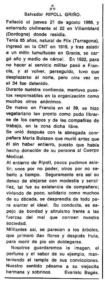 Necrològica de Salvador Ripoll Griñó apareguda en el periòdic tolosà "Cenit" del 2 de desembre de 1986