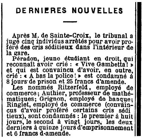 Notícia sobre la condemna d'Alexandre Ritzerfeld apareguda en el diari parisenc "Le Temps" del 14 de juny de 1874