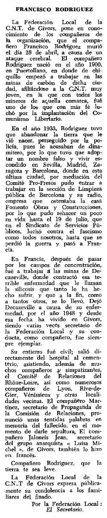 Necrològica de Francisco Rodríguez apareguda en el periòdic tolosà "Espoir" del 2 d'octubre de 1966