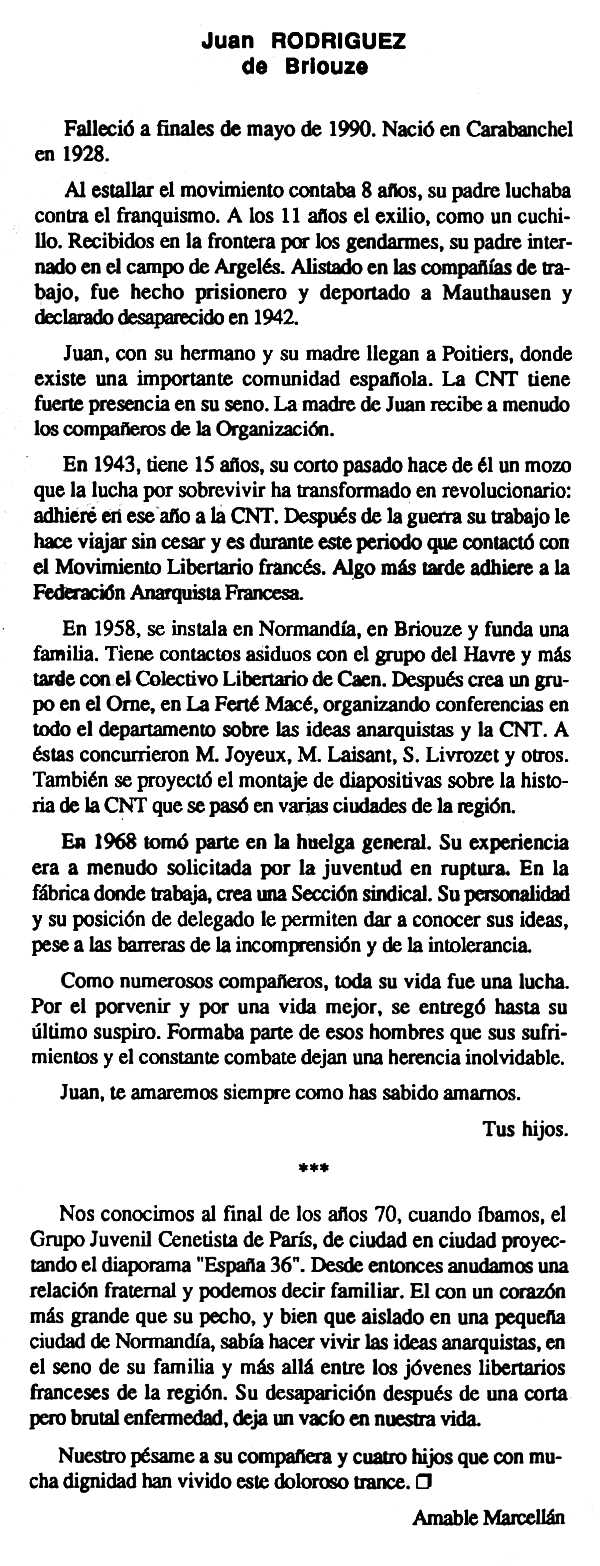 Necrològica de Juan Rodríguez Gutiérrez apareguda en el periòdic tolosà "Cenit" del 18 de setembre de 1990