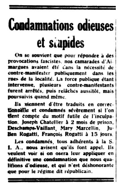 Notícia de la condemna de Julien Rogati apareguda en el periòdic parisenc "Le Libertaire" del 30 de juny de 1938