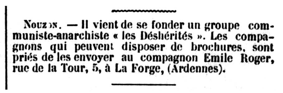Notícia de la creació del grup «Les Déshérités» publicada en el periòdic parisenc "La Révolte" del 17 de setembre de 1892