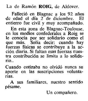 Necrològica de Ramon Roig Castellà apareguda en el periòdic tolosà "Cenit" del 3 de gener de 1984