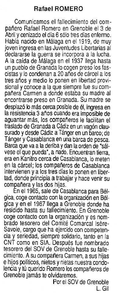Necrol&ograve;gica de Rafael Romero Rom&aacute;n apareguda en el peri&ograve;dic tolos&agrave; "Cenit" del 15 de maig de 1992