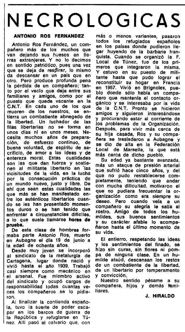 Necrol&ograve;gica d'Antonio Ros Fern&aacute;ndez apareguda en el peri&ograve;dic tolos&agrave; "Espoir" del 27 d'octubre de 1974