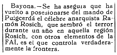 Not&iacute;cia sobre Ramon Rosich Armora apareguda en el peri&ograve;dic falangista de Soria "Labor" del 19 de maig de 1938