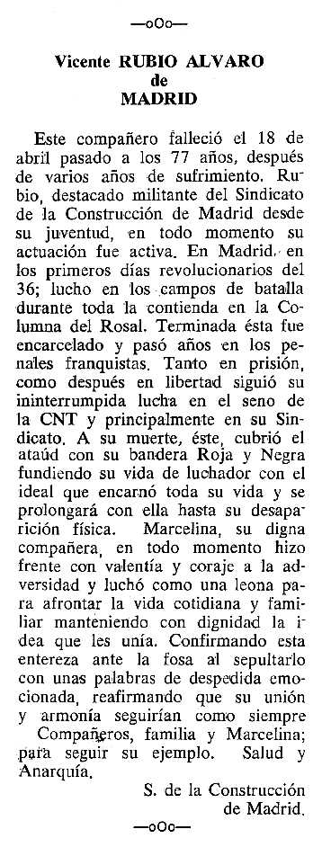 Necrològica de Vicente Rubio Álvaro apareguda en el periòdic tolosà "Cenit" del 12 de setembre de 1989