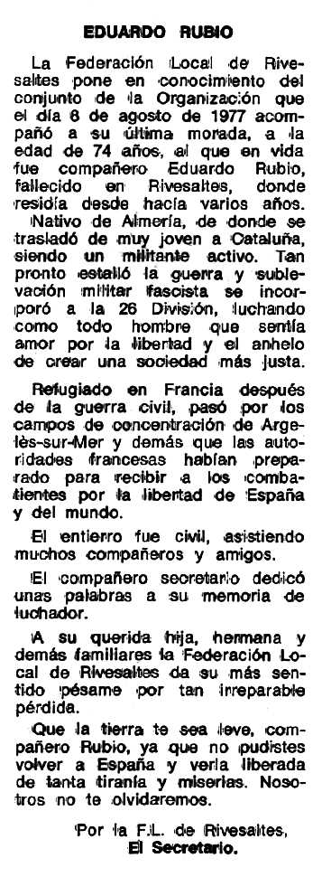 Necrol&ograve;gica d'Eduardo Rubio Mart&iacute;nez apareguda en el peri&ograve;dic tolos&agrave; "Espoir" del 16 d'octubre de 1977