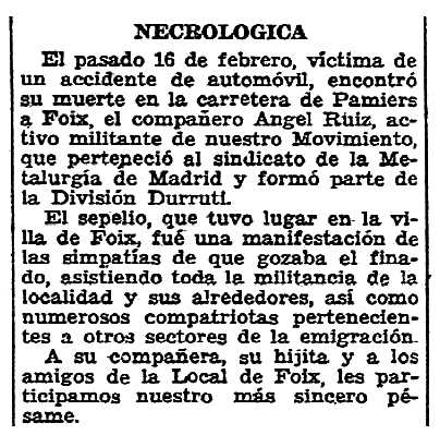 Necrol&ograve;gica d'&Aacute;ngel Ruiz Garc&iacute;a apareguda en el peri&ograve;dic parisenc "Solidaridad Obrera" del 8 de mar&ccedil; de 1947