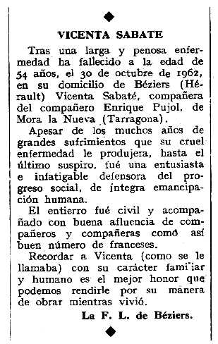Necrol&ograve;gica de Vicenta Sabat&eacute; apareguda en el peri&ograve;dic tolos&agrave; "Espoir" del 20 de gener de 1963