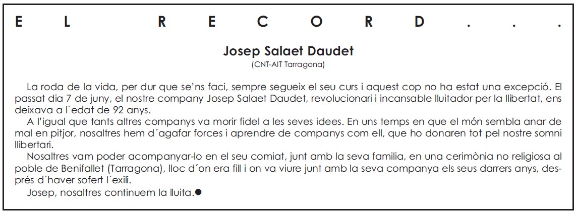 Nota necrològica de Josep Salaet Daudé apareguda en el periòdic de Badalona "Solidaridad Obrera" de setembre-octubre de 2006