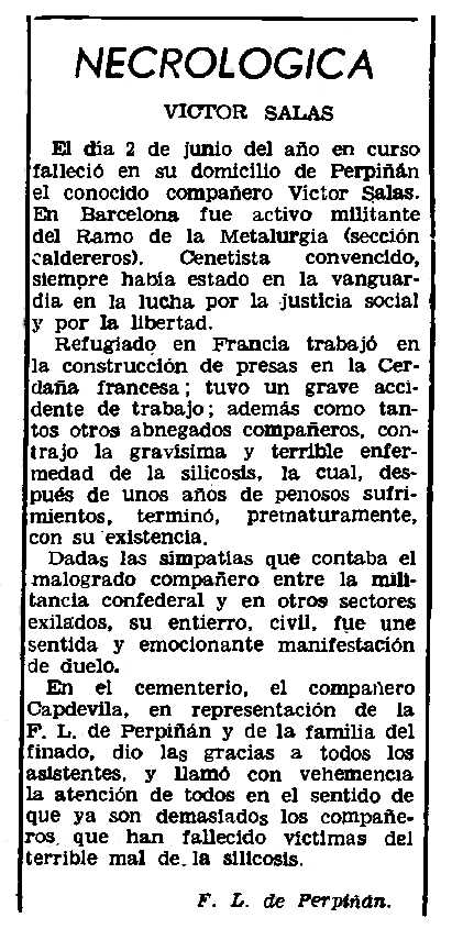 Necrol&ograve;gica de V&iacute;ctor Salas apareguda en el peri&ograve;dic parisenc "Le Combat Syndicaliste" del 17 d'octubre de 1963