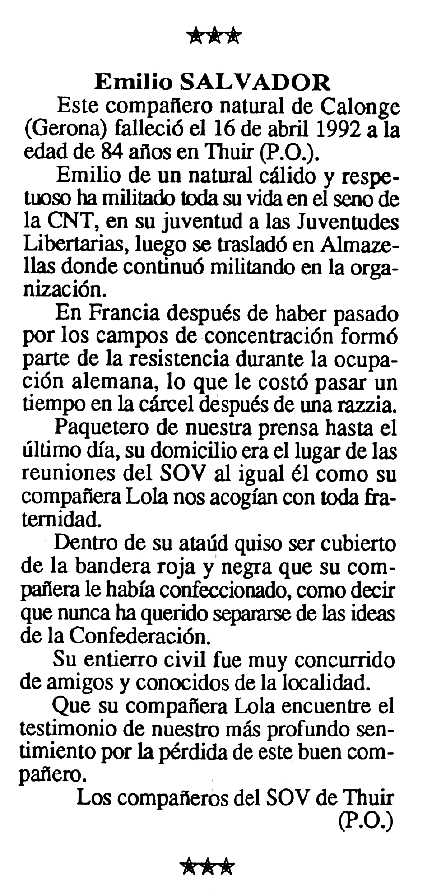 Necrol&ograve;gica d'Emili Salvador Massa apareguda en el peri&ograve;dic tolos&agrave; "Cenit" del 13 d'octubre de 1992