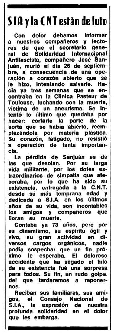 Necrològica de José Sanjuán Coto publicada en el periòdic tolosà "Espoir" del 13 d'octubre de 1968