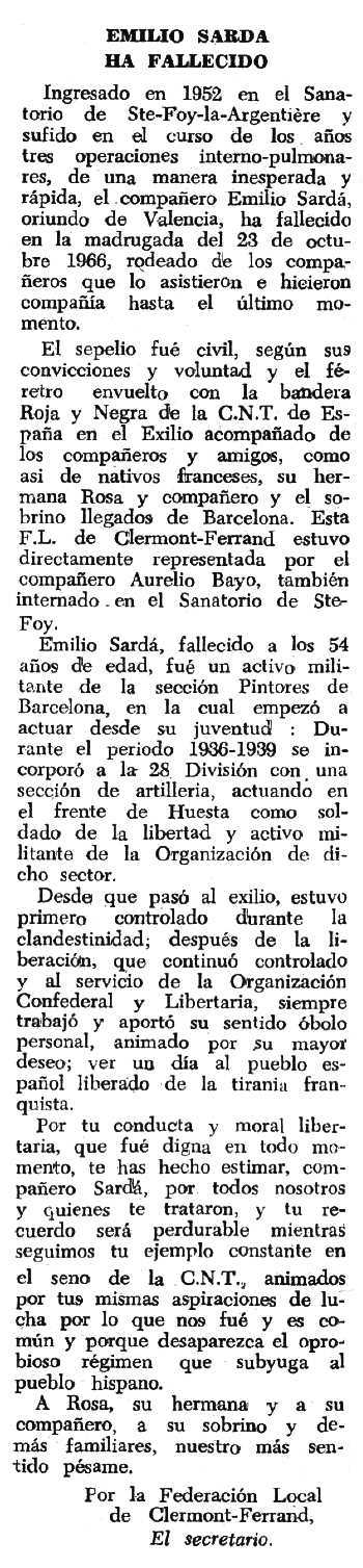 Necrològica d'Emili Sardà Jordàs apareguda en el periòdic tolosà "Espoir" del 18 de desembre de 1966