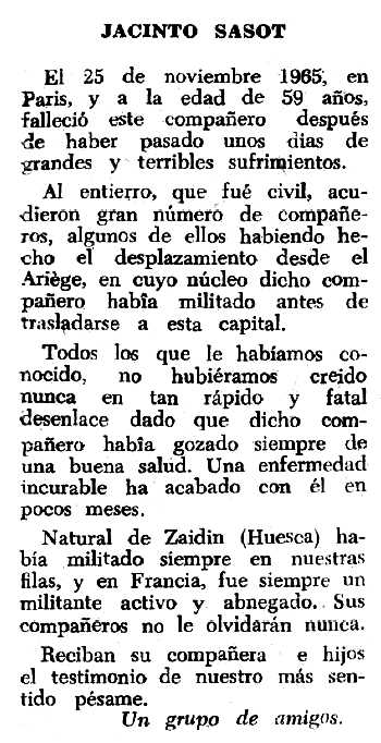 Necrol&ograve;gica de Jacint Sasot publicada en el peri&ograve;dic tolos&agrave; "Espoir" del 23 de gener de 1966