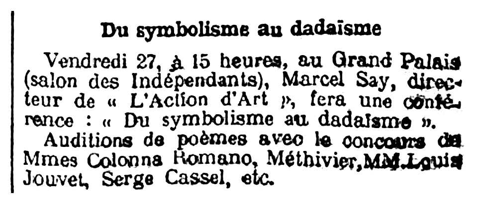 Notícia d'una conferència de Marcel Say apareguda en el diari parisenc "Le XIX Siècle" del 25 de febrer de 1920