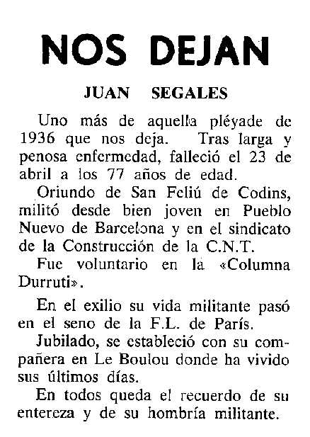 Necrològica de Joan Segalés Argullós apareguda en el periòdic tolosà "Cenit" del 28 de maig de 1985