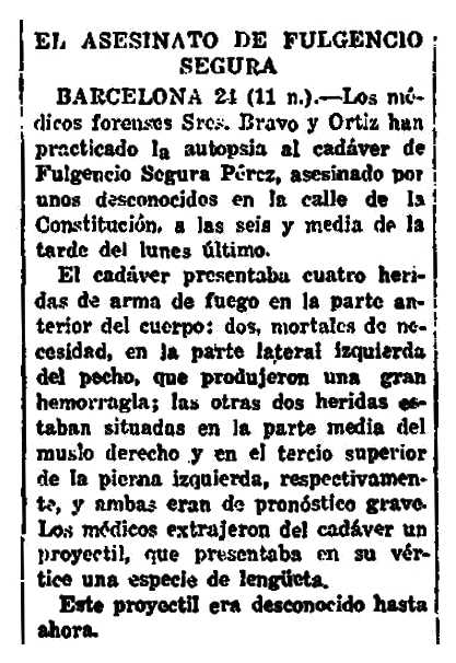 Not&iacute;cia de l'aut&ograve;psia de Fulgencio Segura P&eacute;rez apareguda en el diari madrileny "La Voz" del 25 de novembre de 1920