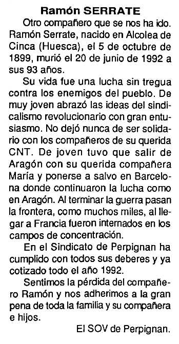 Necrològica de Ramón Serrate Pico apareguda en el periòdic tolosà "Cenit" del 25 d'agost de 1992