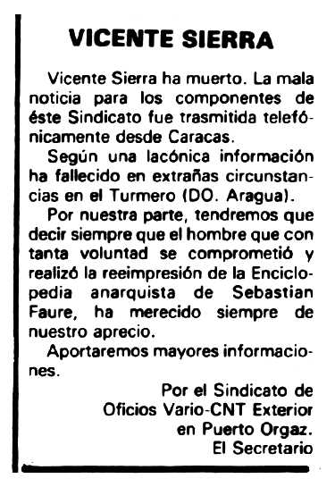 Nota necrològica de Vicente Sierra Ruiz apareguda en el periòdic tolosà "Espoir" del 25 d'octubre de 1981
