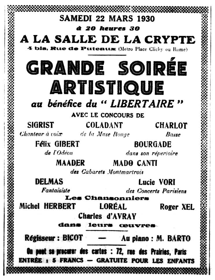 Convocatòria de l'acte publicada en el periòdic parisenc "Le Libertaire" del 22 de març de 1930