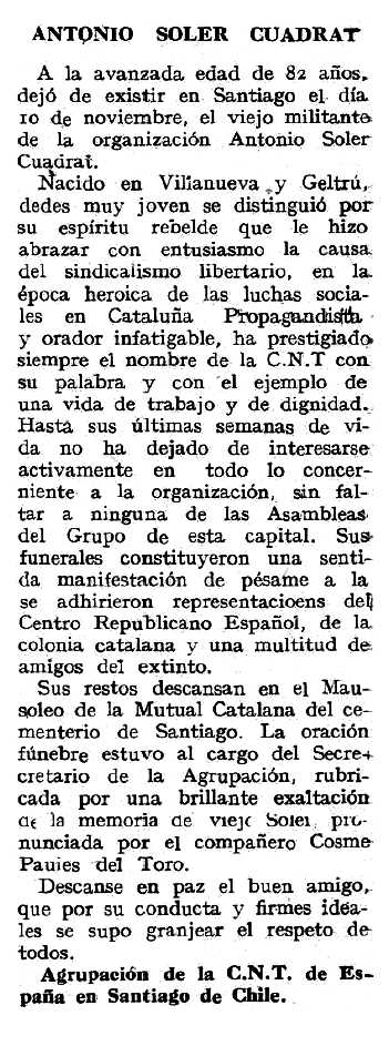 Necrològica d'Antoni Soler Cuadrat apareguda en el periòdic tolosà "Espoir" del 31 de març de 1963