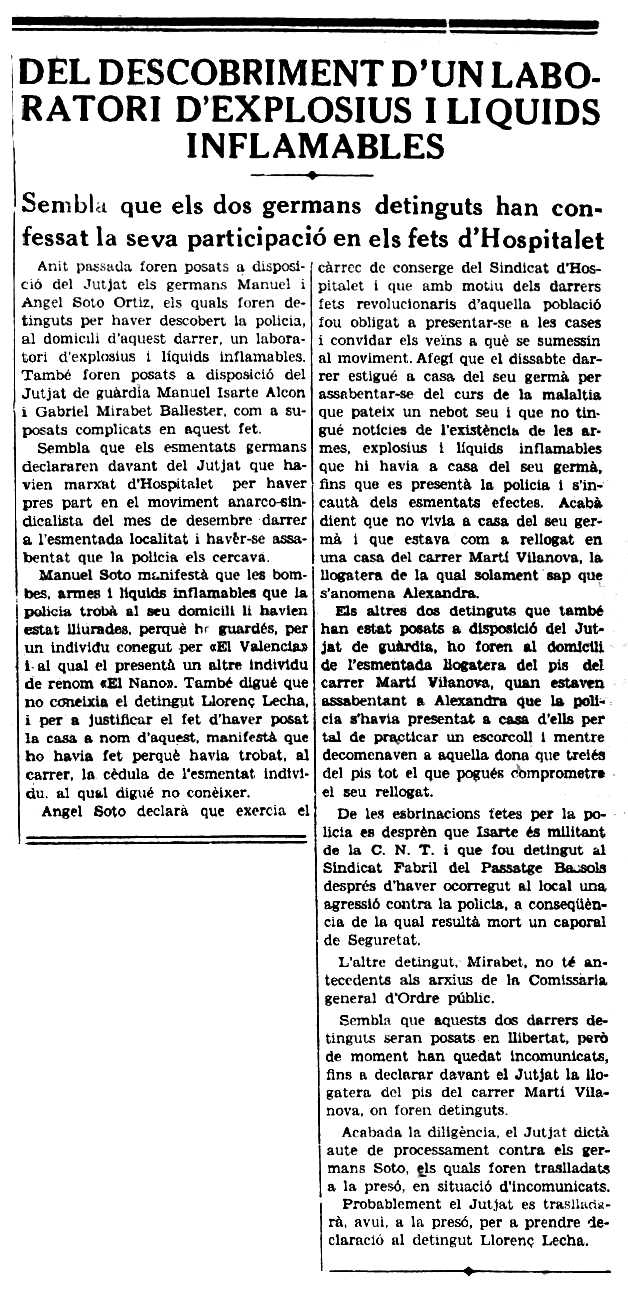 Notícia de la detenció dels germans Soto Ortiz apareguda en el diari barcelonès "L'Opinió" del 28 de març de 1934