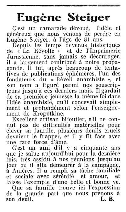 Necrològica d'Eugène Steiger apareguda en el periòdic ginebrí "Le Réveil Anarchiste" del 4 de març de 1939