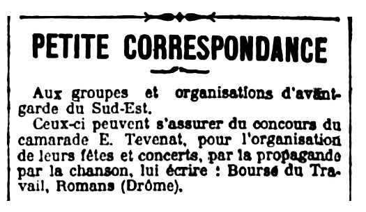 Notícia orgànica d'Eugène Tevenat publicada en el periòdic parisenc "Le Libertaire" del 18 d'abril de 1925