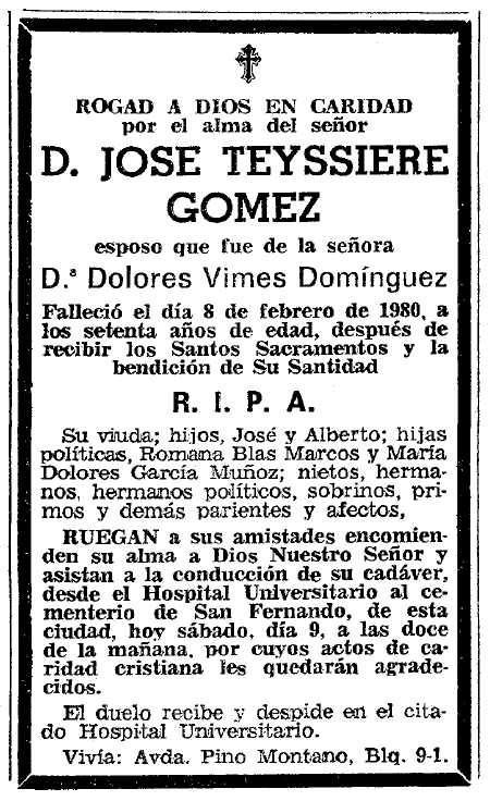 Esquela de José Teyssiere Gómez publicada en el diari sevillà "ABC" del 9 de febrer de 1980
