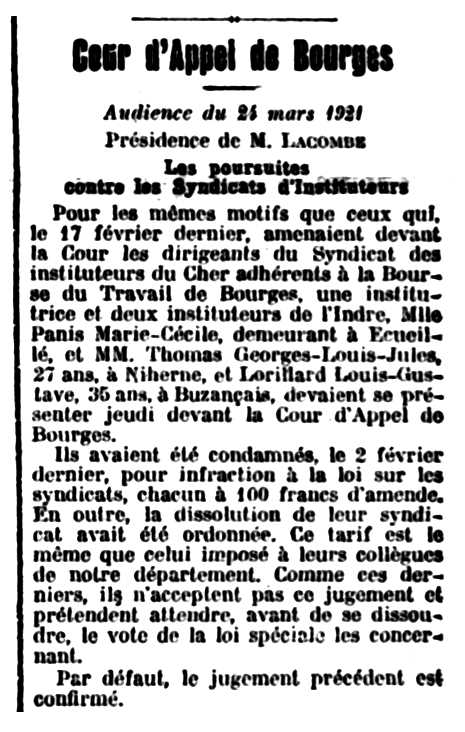 Notícia sobre la condemna de Georges Thomas apareguda en el diari de Vierzon "La Dépêche du Berry" del 26 de març de 1921