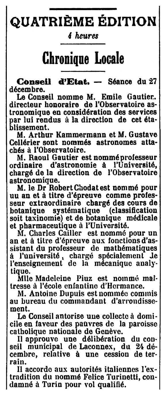 Not&iacute;cia de l'ordre d'extradici&oacute; de Felice Turinetti publicada en el diari ginebr&iacute; "La Tribune de Gen&egrave;ve" del 27 de desembre de 1889