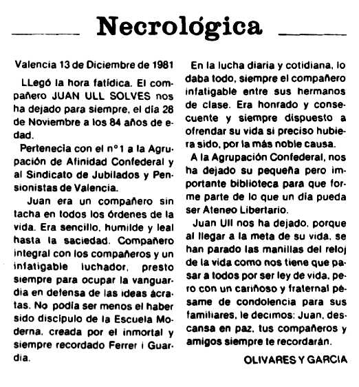 Necrol&ograve;gica de Joan Ull Solves apareguda en el peri&ograve;dic barcelon&iacute; "Solidaridad Obrera" de l'11 de gener de 1982