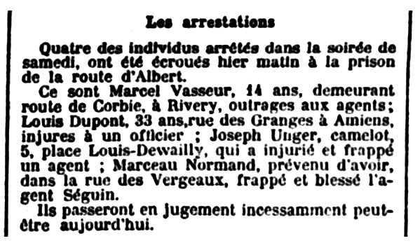Notícia de la detenció de Joseph Unger apareguda en el diari d'Amiens "Le Progrés de la Somme" de l'11 de setembre de 1911
