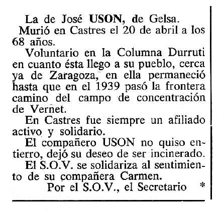 Necrològica de José Usón García apareguda en el periòdic tolosà "Cenit" del 30 d'agost de 1983