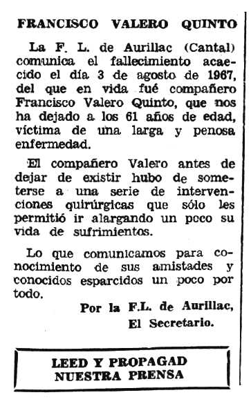 Necrològica de Francisco Valero Quinto apareguda en el periòdic tolosà "Espoir" de l'1 d'octubre de 1967