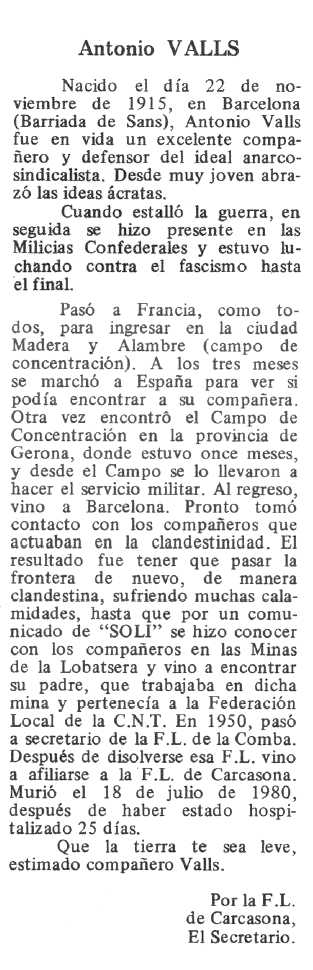 Necrol&ograve;gica d'Antoni Valls Balcells apareguda en el peri&ograve;dic tolos&agrave; "Espoir" del 28 de setembre de 1980