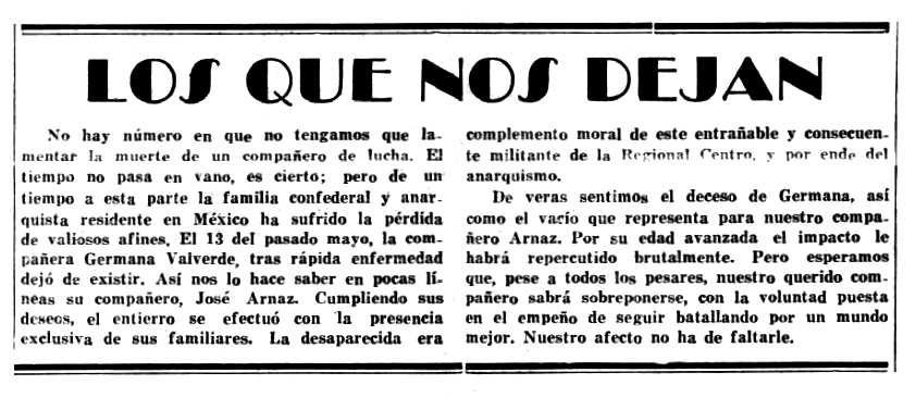 Necrològica de Germana Valverde apareguda en el periòdic mexicà "Tierra y Libertad" de juliol de 1969