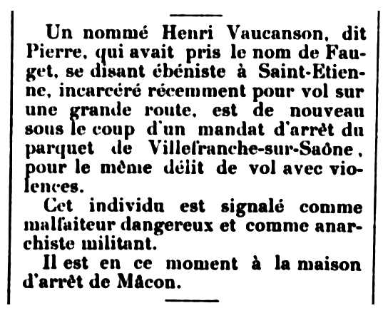 Notícia d'una de les multiples detencions d'Henri Vaucanson publicada en el diari de Chalou-sur-Saône "Courrier de Saône-et-Loire" del 25 de juliol de 1894