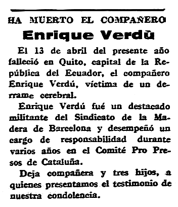Necrol&ograve;gica d'Enric Verd&uacute; apareguda en el peri&ograve;dic parisenc "Espa&ntilde;a Libre" del 13 de juliol de 1958