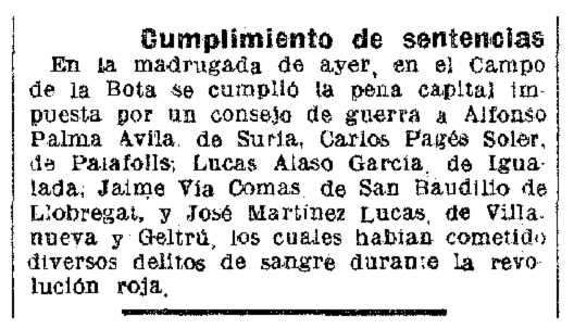 Notícia de l'execució de Jaume Via Comas publicada en el diari barceloní "La Vanguardia" del 16 de juny de 1943