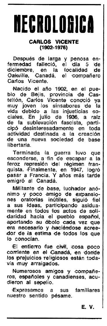 Necrològica de Carlos Vicente apareguda en el periòdic tolosà "Espoir" del 13 de febrer de 1977