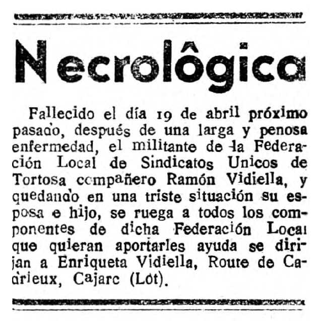 Necrològica de Ramon Vidiella García apareguda en el periòdic tolosà "Boletín Interior de la CNT (MLEF)" del 20 de juny de 1945