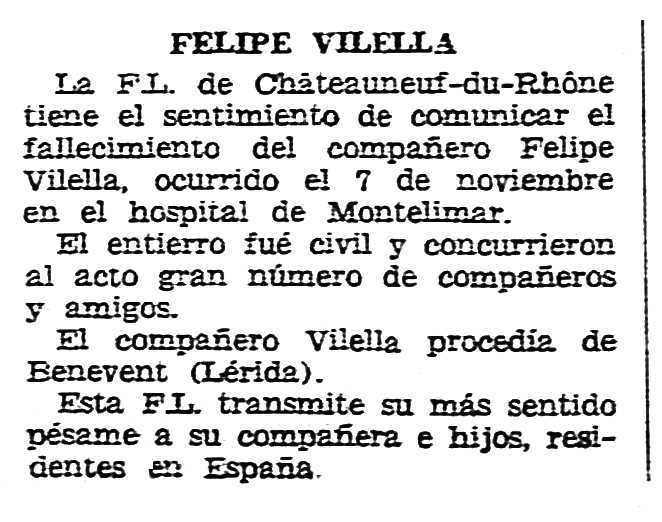 Necrològica de Felip Vilella Torrella publicada en el periòdic tolosà "CNT" del 29 de desembre de 1957